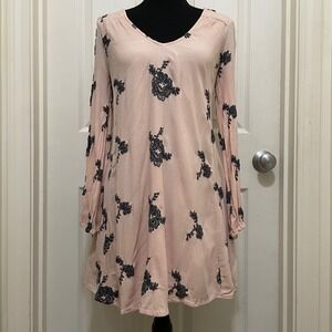 Free People Emma Austin Floral Embroidered Tunic Mini Swing Dress Pink Boho S